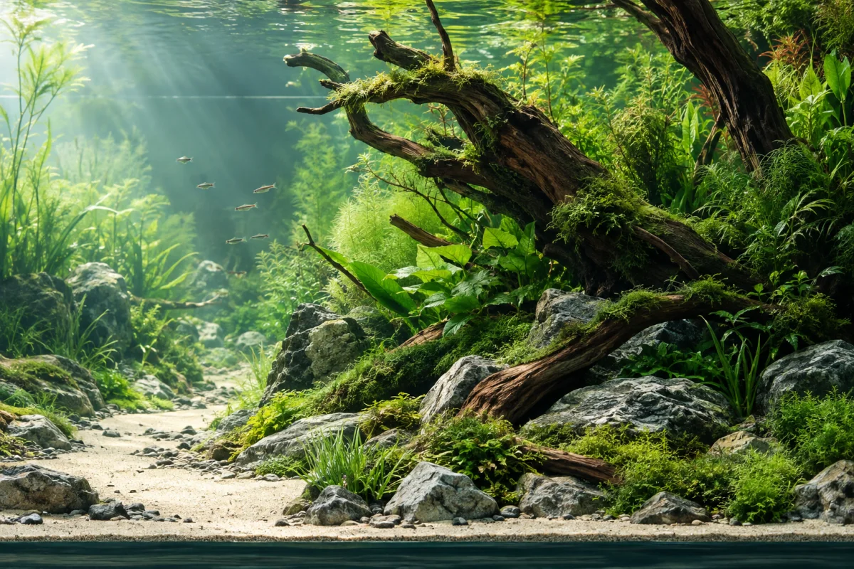 A natural freshwater aquascape with driftwood, stones, sand and layered aquatic plants.