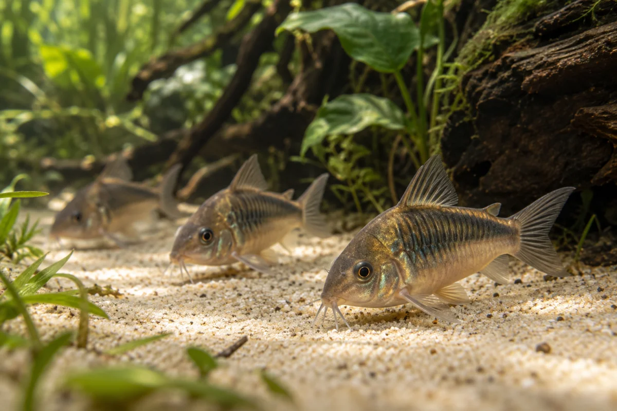 Bronze corydoras catfish foraging together over fine sand in a planted aquarium.