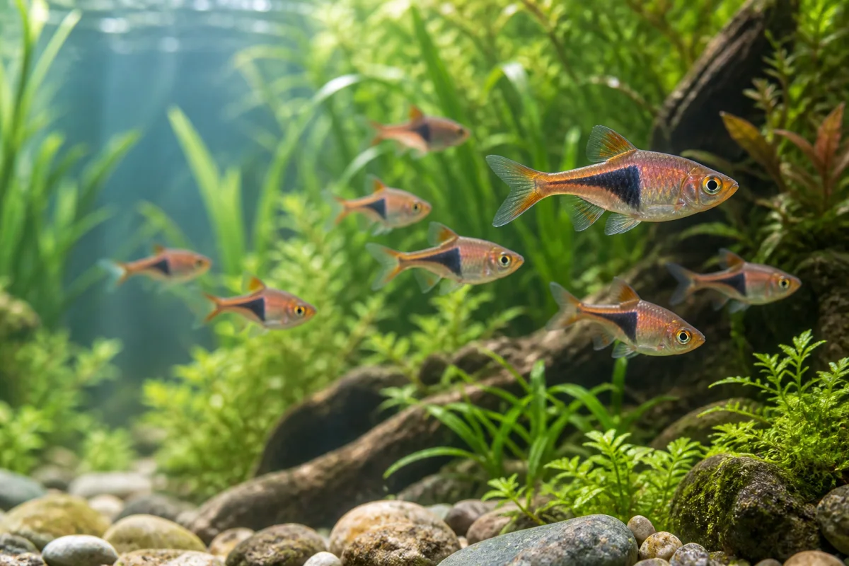 A school of harlequin rasboras swimming through a spacious planted aquarium.