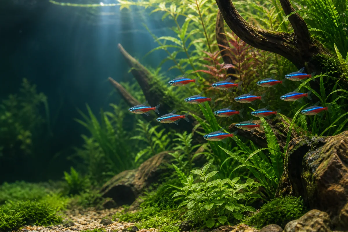 A school of cardinal tetras swimming among lush green plants in a planted freshwater aquarium.