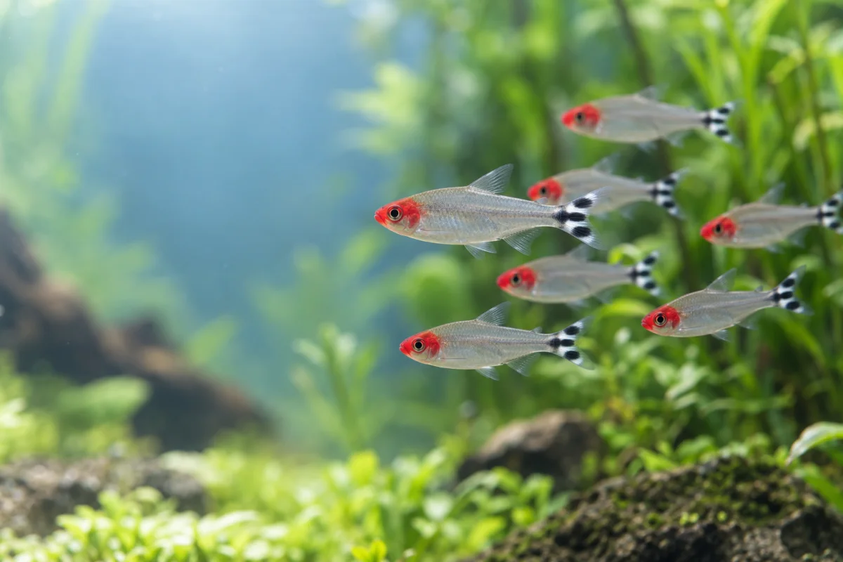 A school of rummy-nose tetras swimming through the open midwater of a planted aquarium.