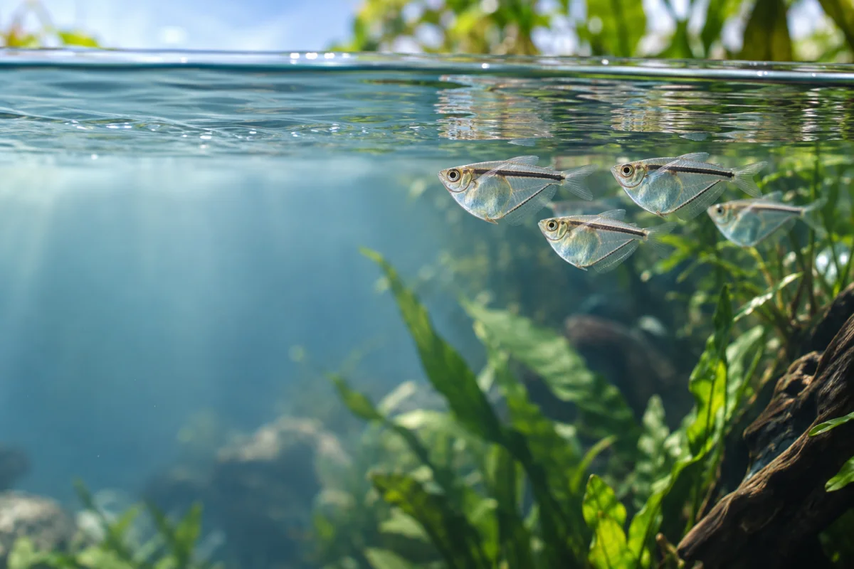 Silver hatchetfish swimming just below the rippled surface of a planted freshwater aquarium.